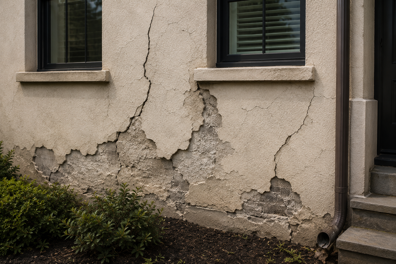 Cracked and deteriorated stucco on a residential exterior