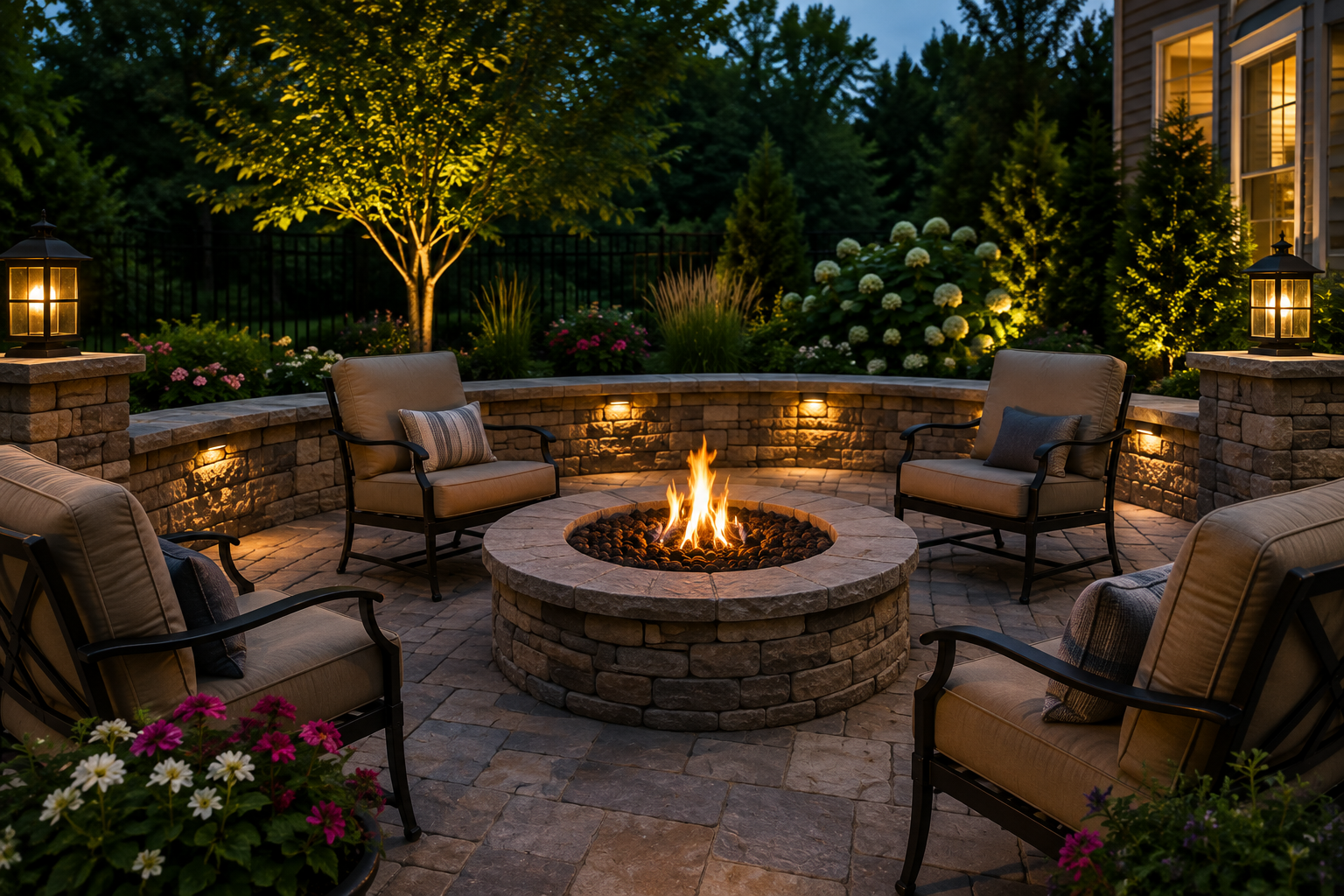 Masonry fire pit seating area