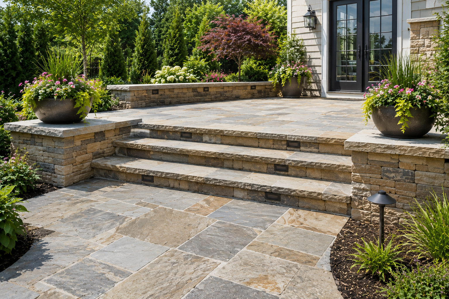 Masonry steps connecting patio levels
