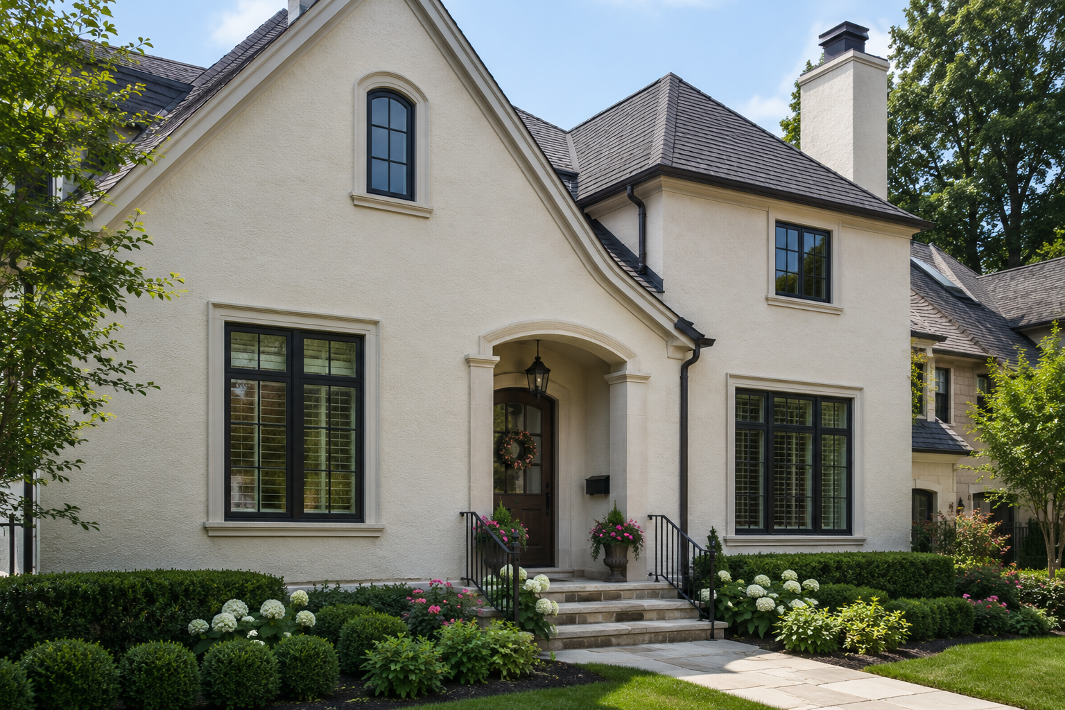 Professionally restored residential stucco exterior